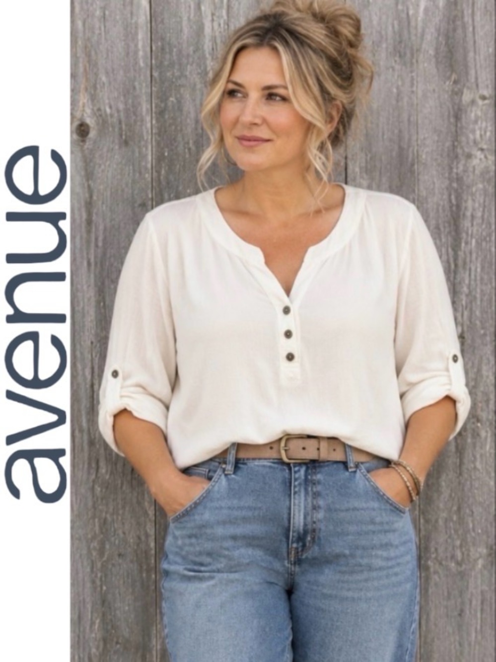 22/24W AVENUE Henley Three-Button 100% Cotton Top in Ivory